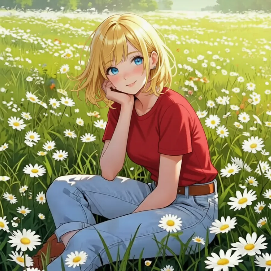 fille blonde au t-shirt rouge dans les pâquerettes