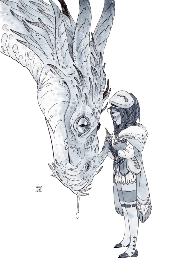dragon se penchant sur une enfant front contre front