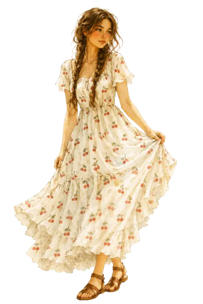 Portrait de Deryn dans sa robe cerises