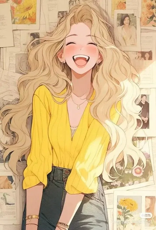 femme blonde, cheveux ondulés, très souriante avec un haut jaune