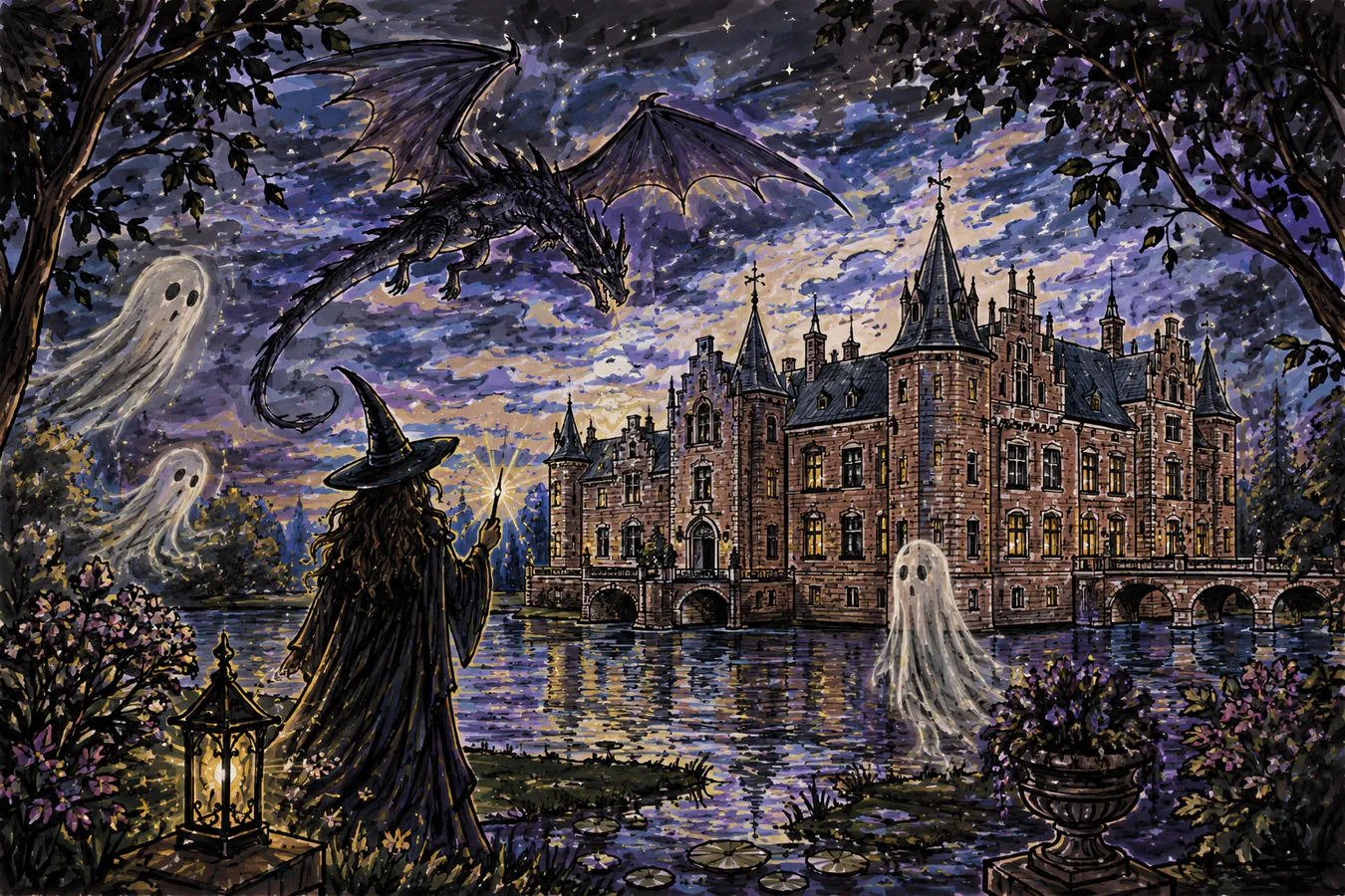 château, sorcière et fantôme