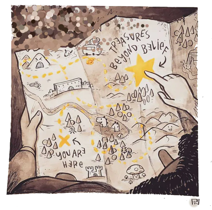 dessin en contre plongée de mains se portant sur une carte au trésor