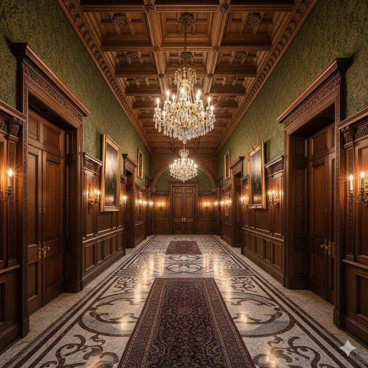 Un couloir avec plusieurs tableaux, des lustres, un sol de marbre et de mosaïque comportant de longs tapis. Des portes se font faces et une porte se trouve au bout du couloir.