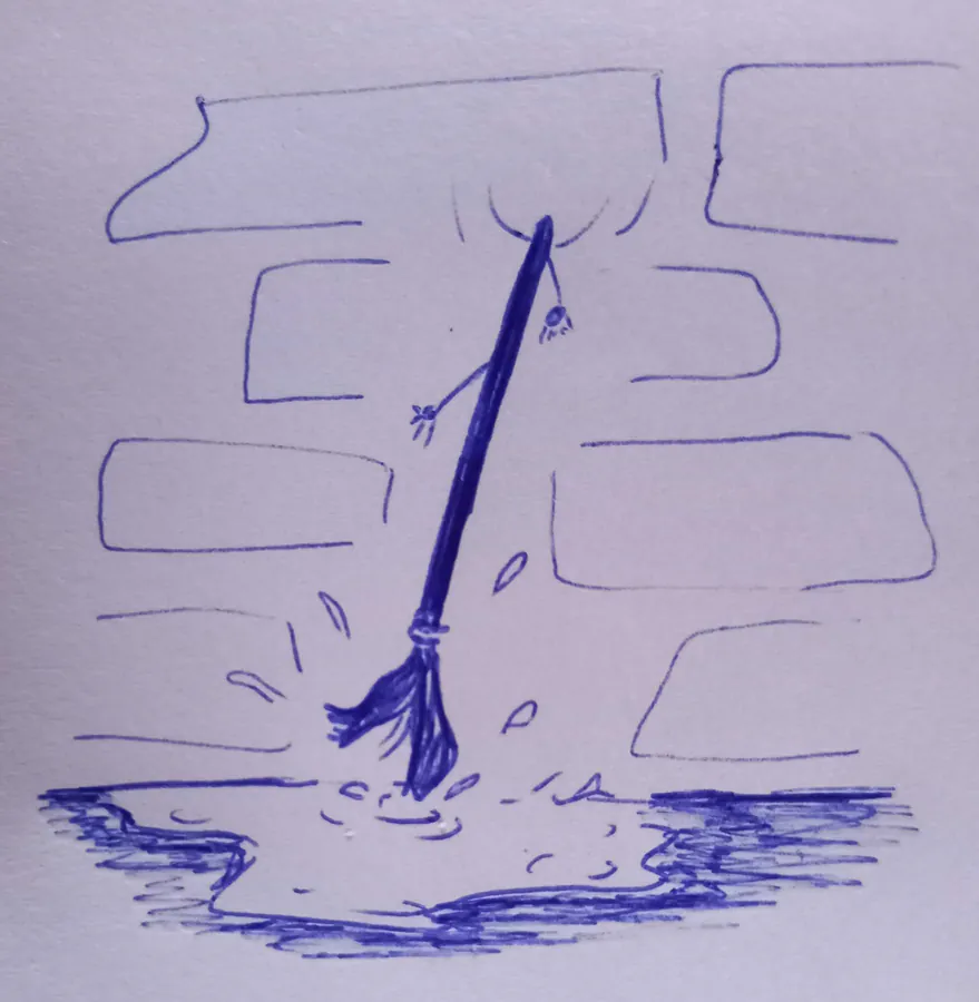 Crayonnage au stylo représentant un balai-serpillère dansant dans ue flaque d'eau au milieu d'un couloir
