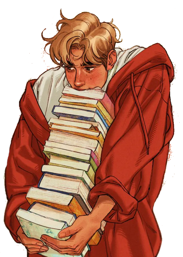 jeune homme portant une pile de livre sous le menton- blond-pulle rouge