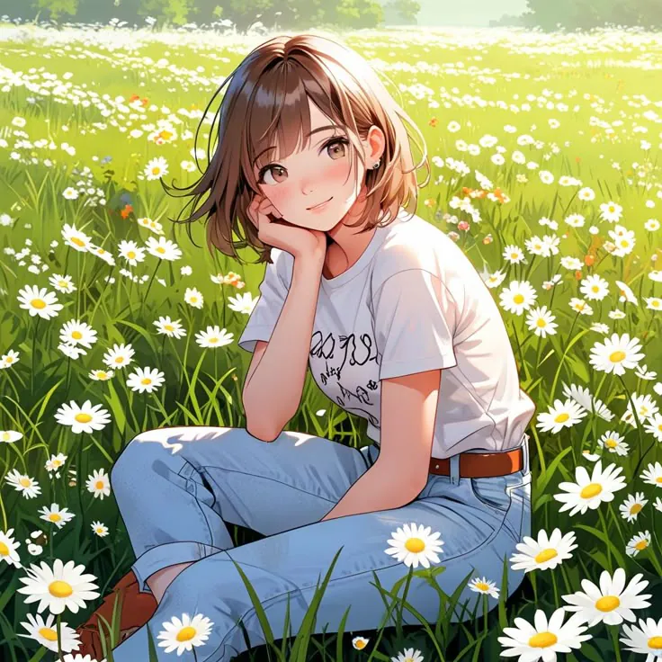 une jeune fille assise dans l'herbe et qui sourit