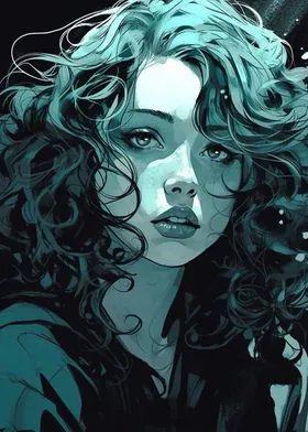 image d'une jeune fille en couleur noir et bleu avec des boucles longues tombants autour de son visage