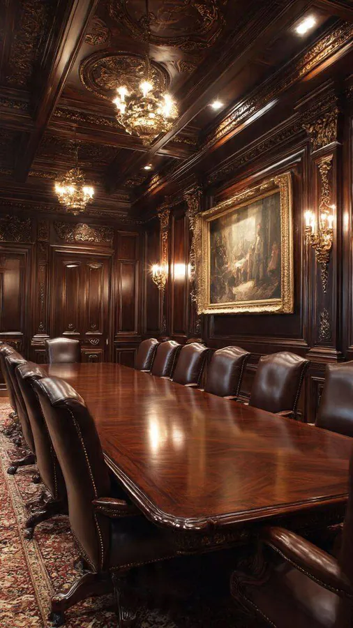 Une salle de réunion avec une longue table, des sièges en cuir l'entourent. Quelques lustres sont au plafond, un large tableau est visible sur un mur, et un tapis recouvre le sol dans sa quasi-intégralité.