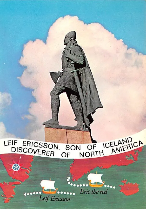 carte postale islandaise présentant Leif Erikson et les expéditions vers l'Amérique