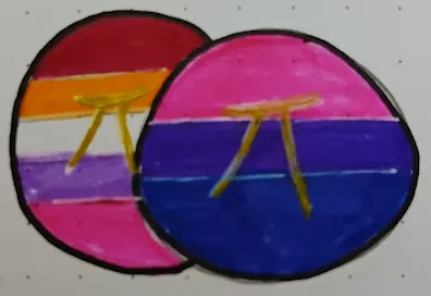 Dessin de pin's drapeau lesbien et bisexuel avec le symbole pi en doré