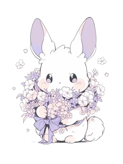 Lapin blanc avec des touches de violet et tenant un bouquet tenu par un noeud