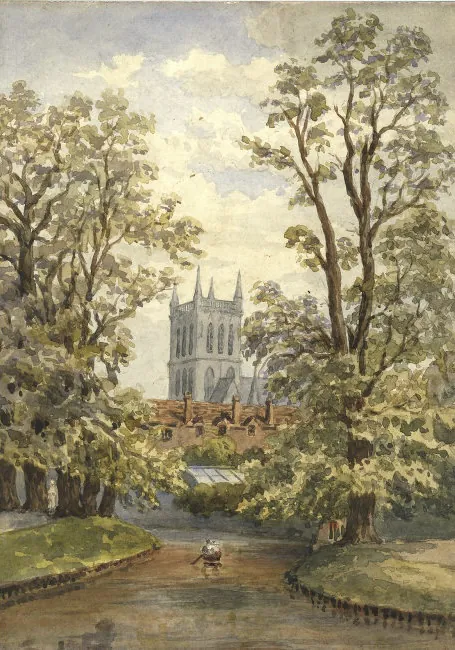 Carte postale représentant la rivière Cam avec au loin l’université de Cambridge