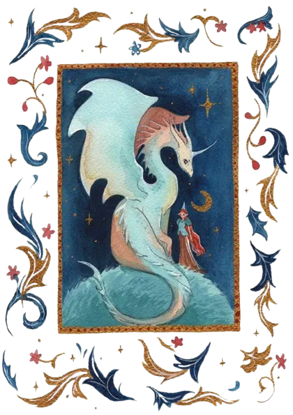 image de style manuscrit illuminé d'un dragon médiéval et d'une rouquine