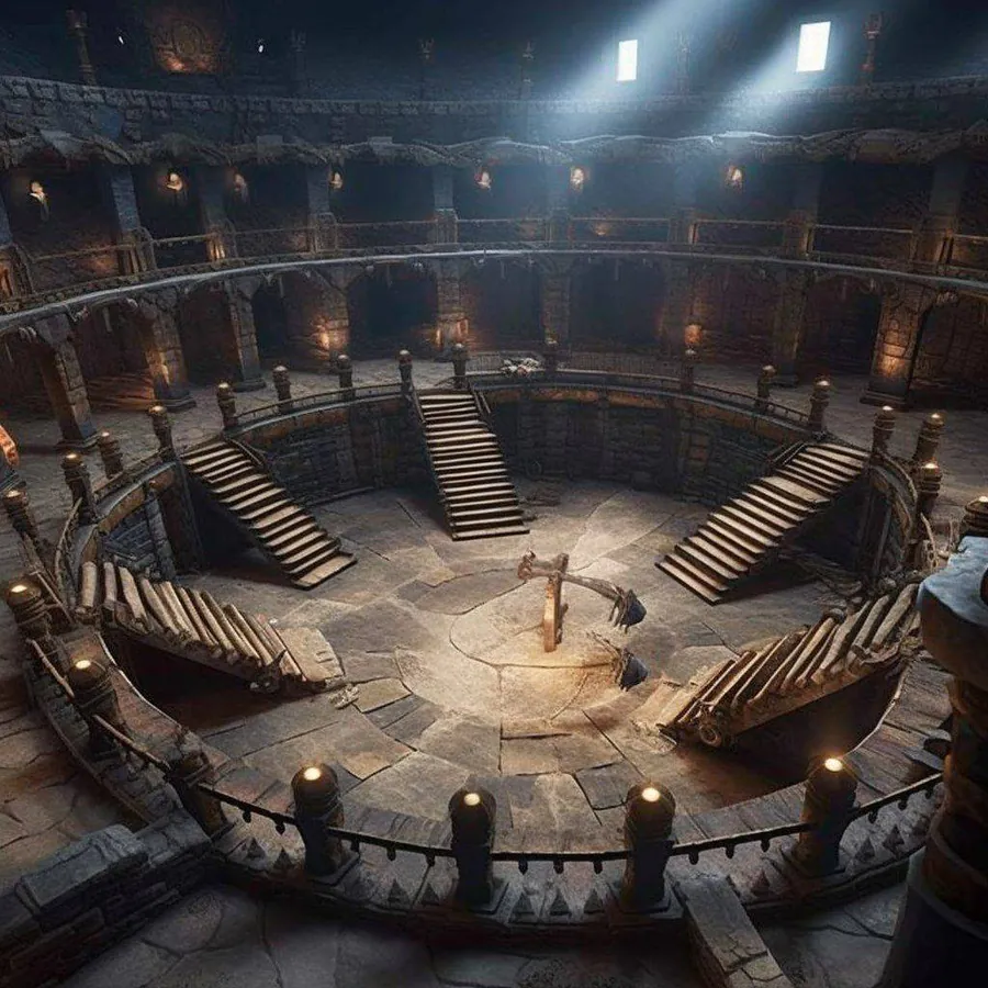 Une salle ronde avec un espace destiné à l'entrainement au centre, légèrement en contrebas. Des coursives taillées dans la roche en font tous le tour.