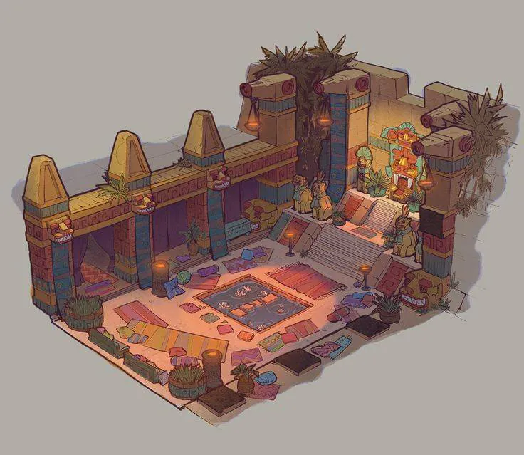 Illustration non contractuelle aux couleurs douces et chaudes d'une pièce d'un temple Inca avec un bassin intérieur en son centre, et des escaliers menant à ce qui s'apparente à un trône.