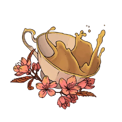 tasse de thé posée sur des fleurs qui se renverse