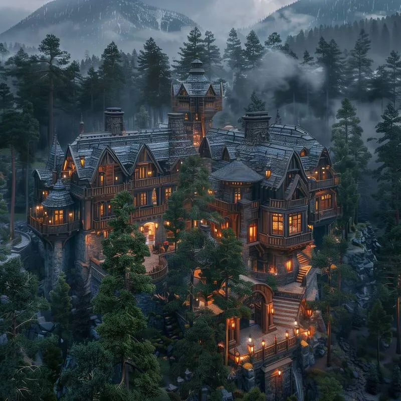Manoir de bois angulaire s'élevant sur quatre étages qu'une petite tour au centre surplombe en un cinquième étage. Le manoir est entouré d'arbres et repose sur un rocher. Des montagnes sont présentes au loin.