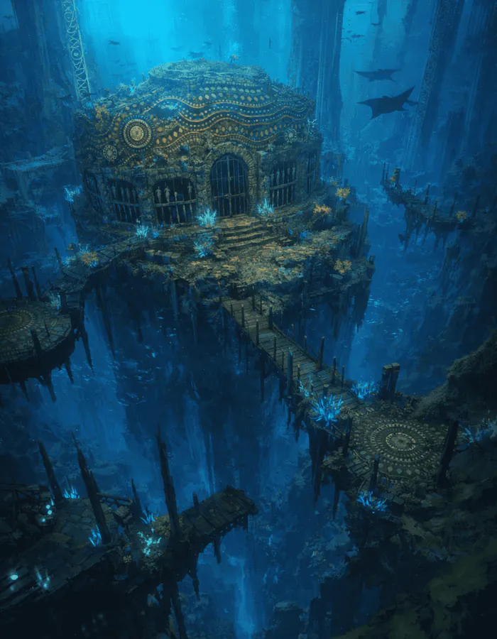 Une forteresse sous marine, décorée dans un style australien autochtone, entourée par des structures comme sur pilotis et des créatures marines de passage.