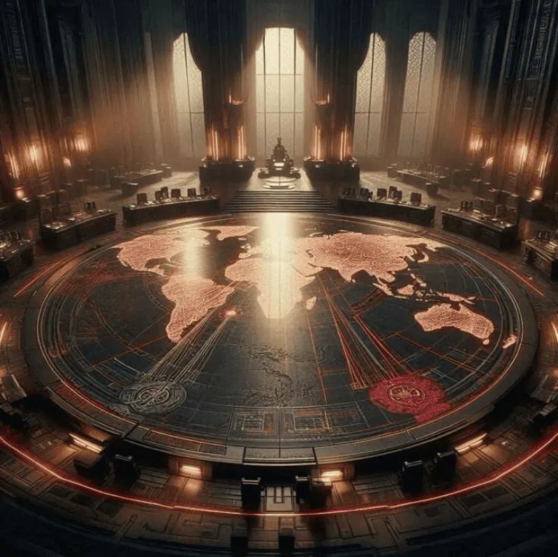 Une grande salle avec un agencement en cercle, prévue pour tenir une cellule de crise. Le centre de la salle accueille une fresque représentant une carte du monde circulaire, au sol. Des bureaux et sièges en font le tour.