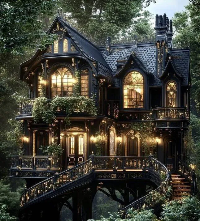 Manoir noir et doré s'élevant sur trois étages, porté par des piliers et accessible par des escaliers. Les arbres entourent le manoir.