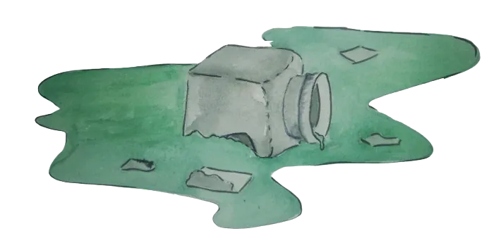 Dessin réalisé à la peinture à l'eau représentant un encrier brisé dans une flaque d'encre verte.