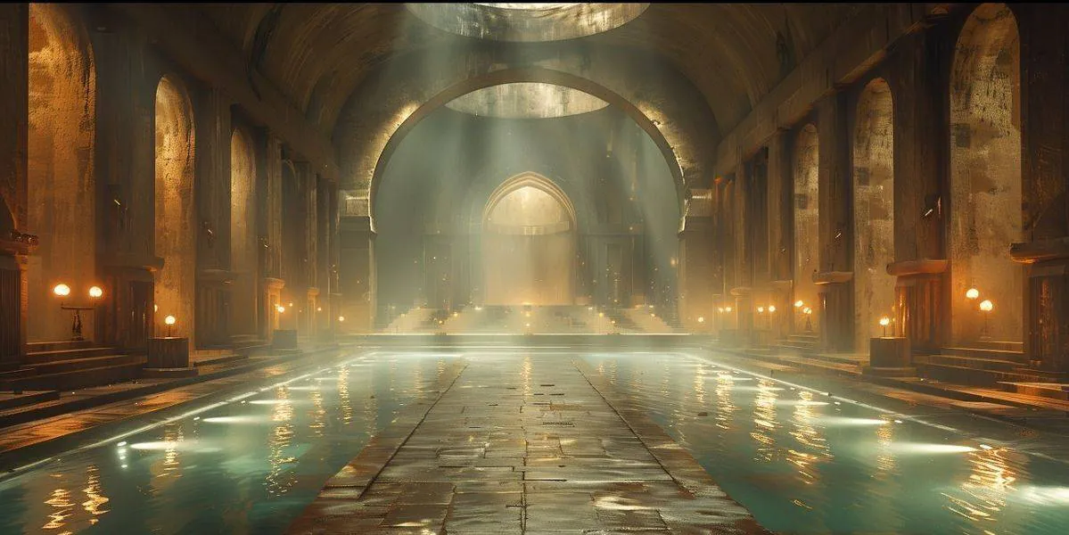 Espace situé en profondeur du siège, illuminé par des puits de lumières. On y voit des allées d'eau scintiller de par et d'autre du chemin de pierre.