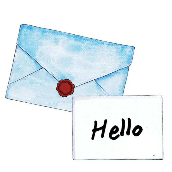 image d'une enveloppe bleue et d'une lettre où il est écrit Hello