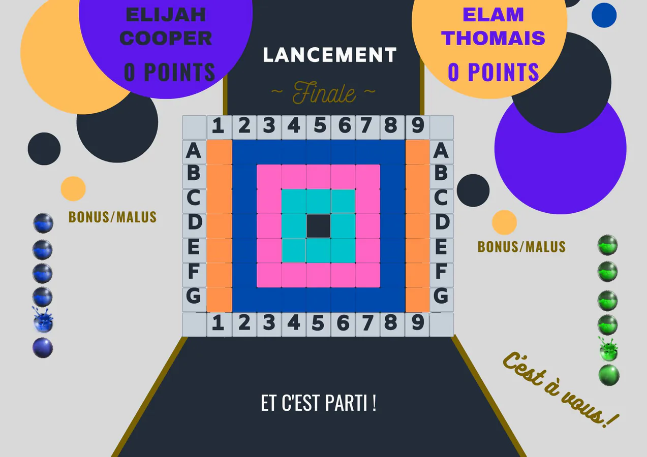 Plateau de lancement de la finale de bavboule indiquant Elam en premier joueur.