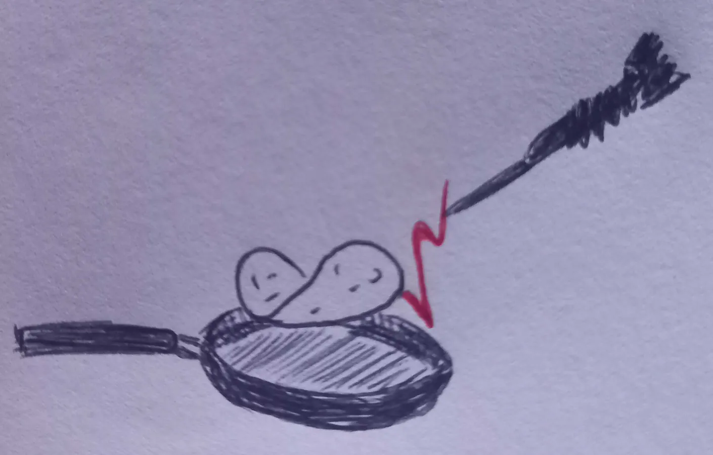 Dessin au bic représentant une poêle avec une crêpe sautant grace à un sort lancé par une baguette magique.