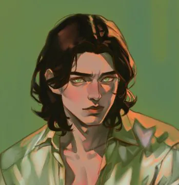 image type dessin d'un homme cheveux lisse brun foncés mi-long qui tombent sur son cou, peau pâle sur fond vert, yeux verts pales et chemise blanche au reflet vert