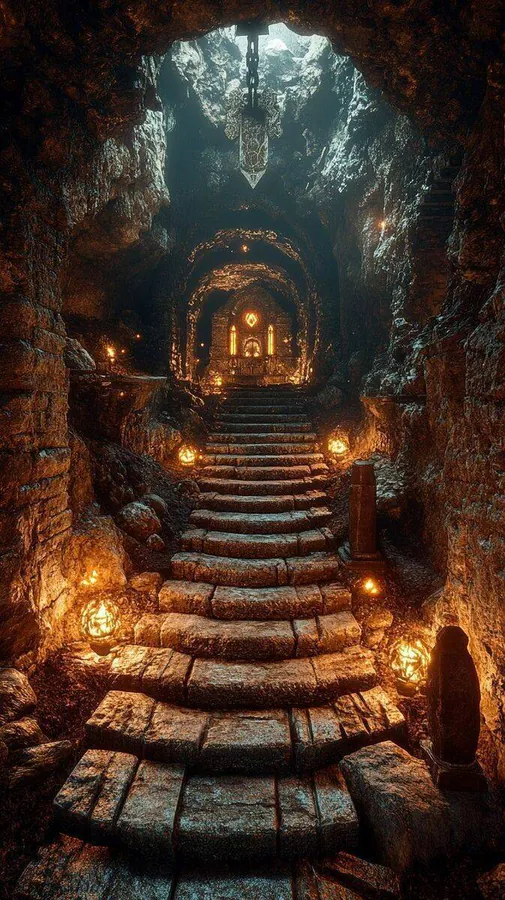 Des escaliers creusés à même la roche grise éclairés par un puits de lumière.