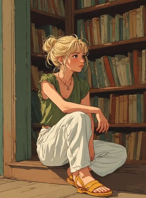 femme blonde, cheveux attachés en chignon, assise devant une bibliothéque