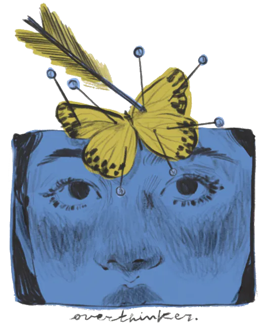 art par Giuditta Bertoni- visage fille bleu avec papillon jaune percée d'une flèche et de petites épingles