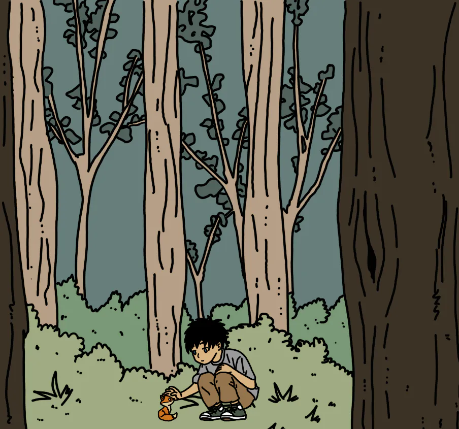 Un bébé renard se fait carresser la tête par un jeune garçon dans une forêt.