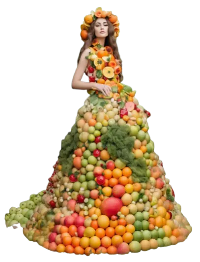 Femme habillée en robe bustier faite de fruits