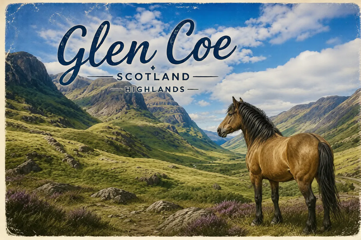 Carte postale de Glen Coe avec une illustration du paysage et un cheval au premier plan.