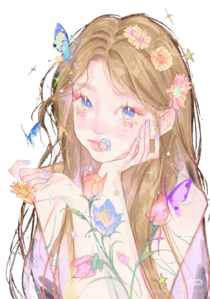 Fille avec fleurs et papillons