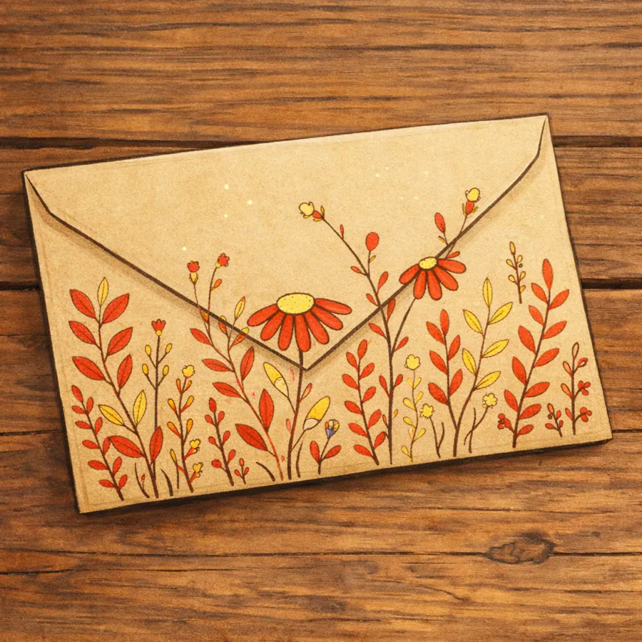 enveloppe en papier kraft avec des fleurs rouges et dorées peintes dessus, posée sur une table