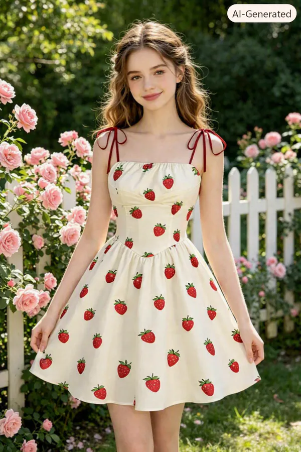 Jeune fille en robe blanche à fraises