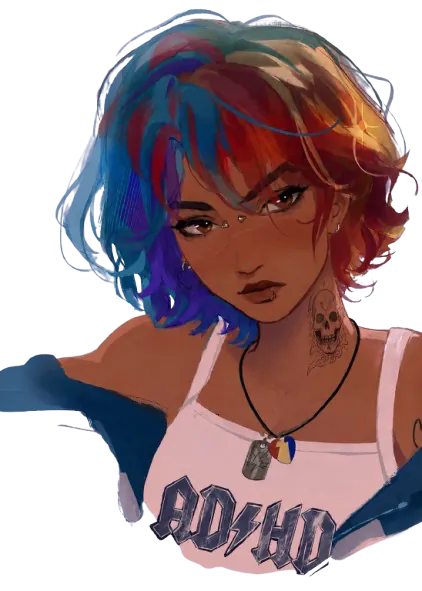 fille peau hâlée, cheveux courts multicolores