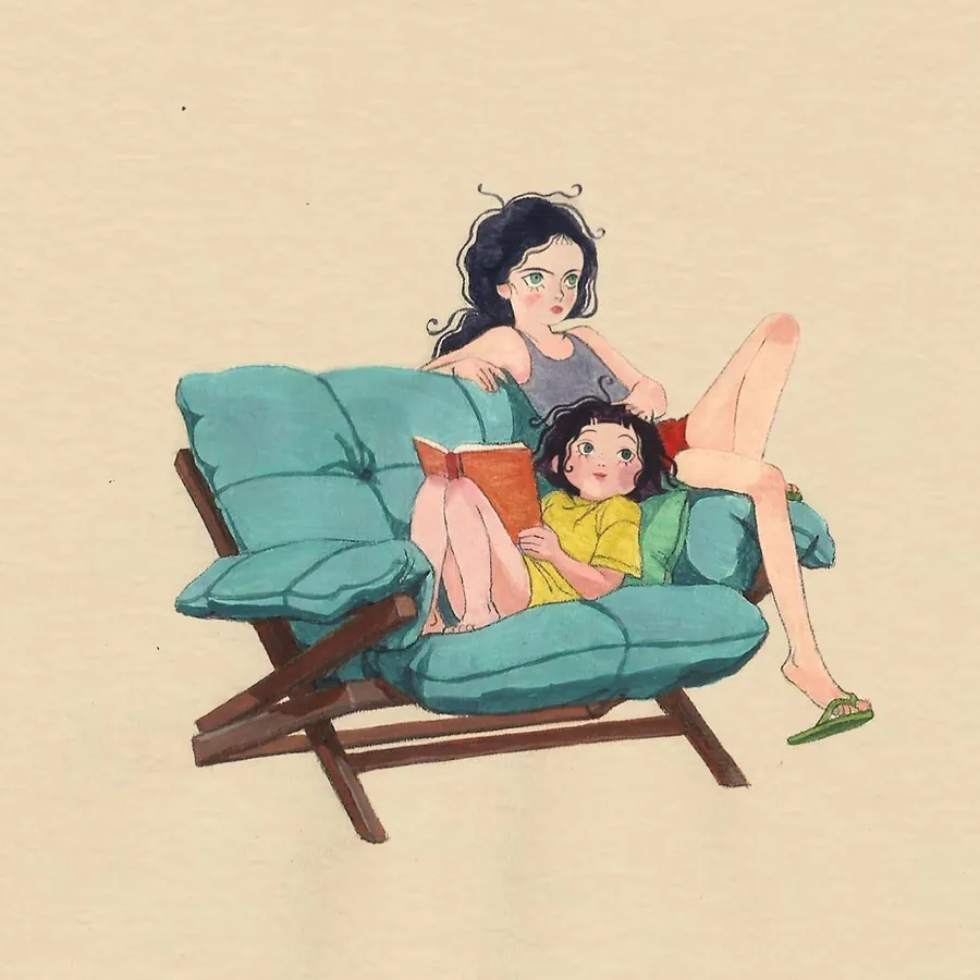 Deux filles allongées sur un canapé. La plus âgée se tient sssise et l’autre est allongée sur son ventre, un livre entre les mains. Représentation picturale.