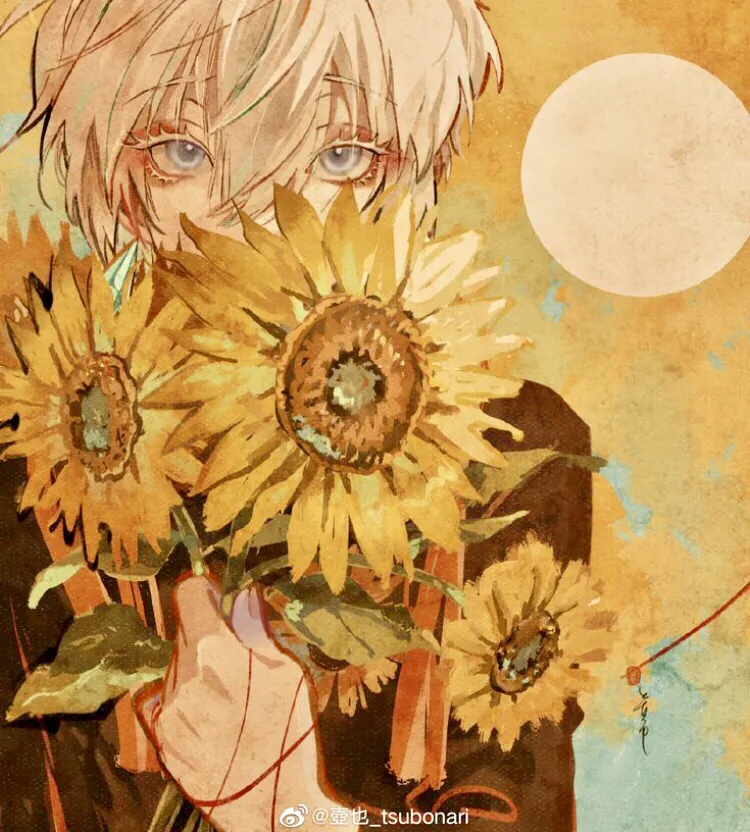 Artamiel caché derrière des tournesols.