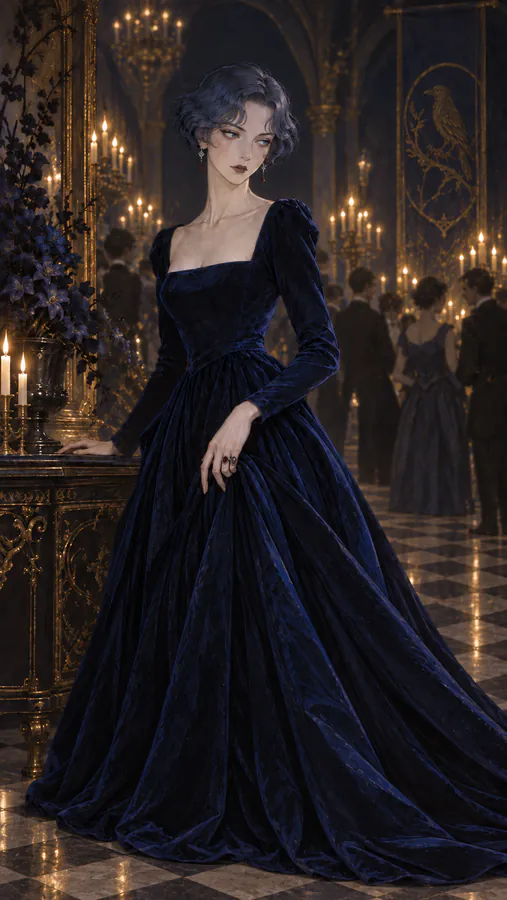 Leta, tenue de soirée bleue. Générée par IA via ChatGPT.