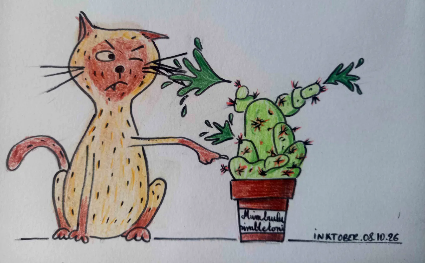 Dessin aux crayons de couleurs représentant un chat siamois donnant un coup de patte à un Mimbulus qui lui crache de l'empestine