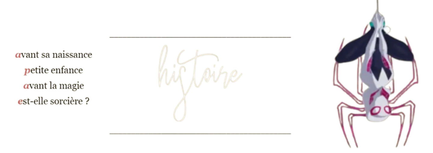 titre : histoire (avant la naissance,petite enfance, avant la magie, est-elle sorcière)
