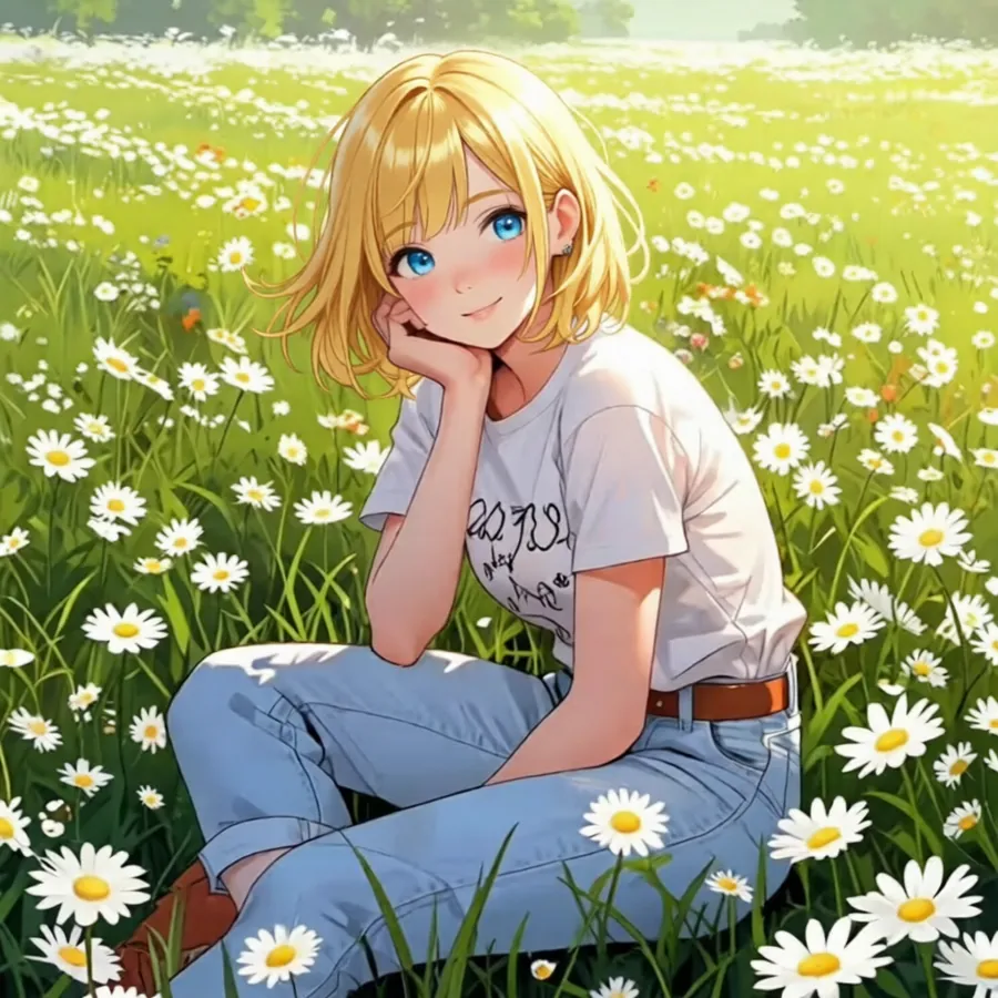 fille blonde aux yeux bleus dans les pâquerettes
