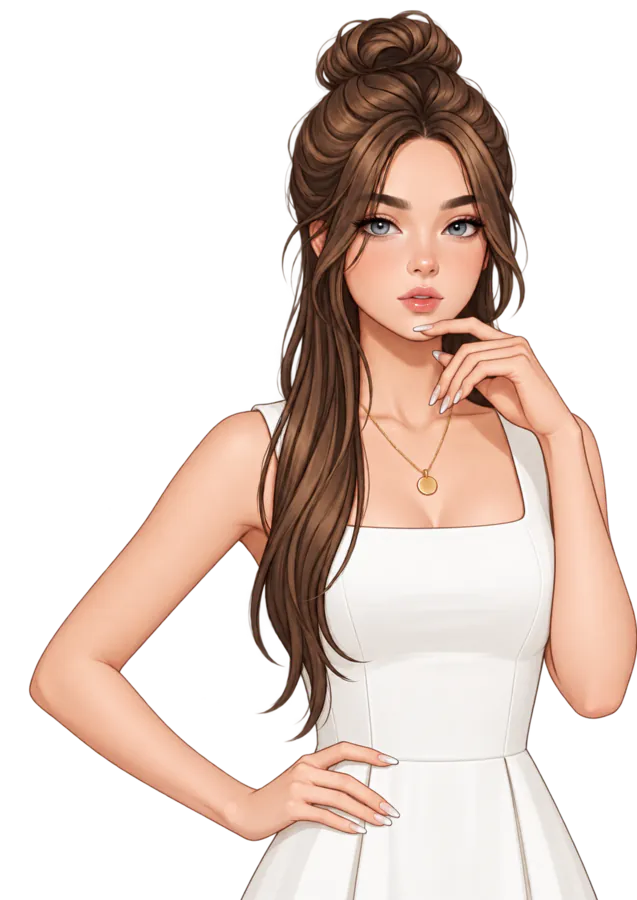 Femme brune aux yeux gris portant une robe blanche