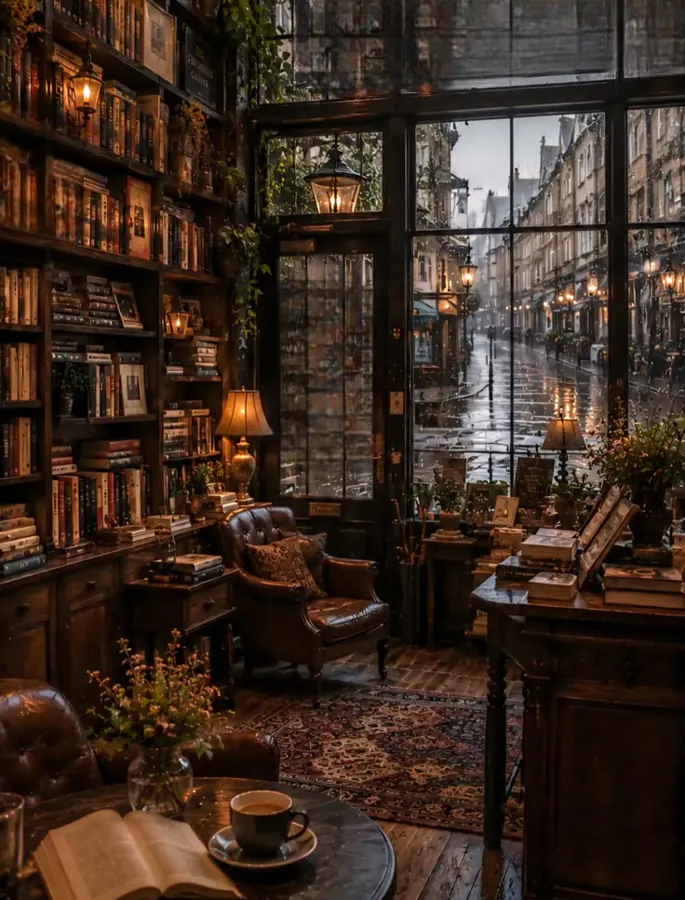 librairie lumière tamisée livres anciens sur les étagères sur les côtés parquet