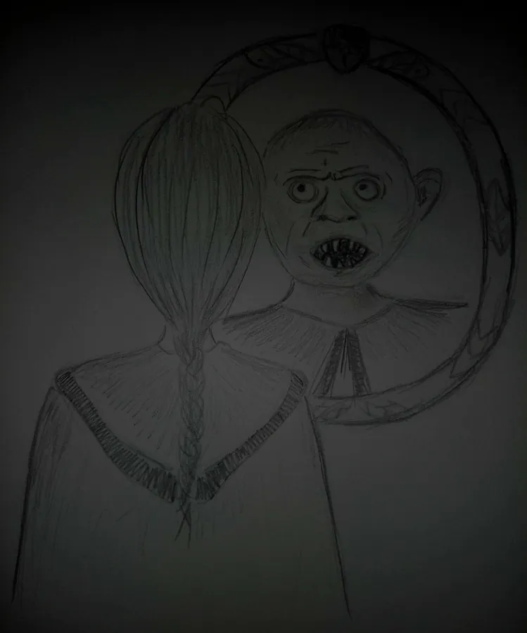 Dessin au crayon gris représentant Sarah de dos face à un miroir dans lequel on voit un troll des montagnes.