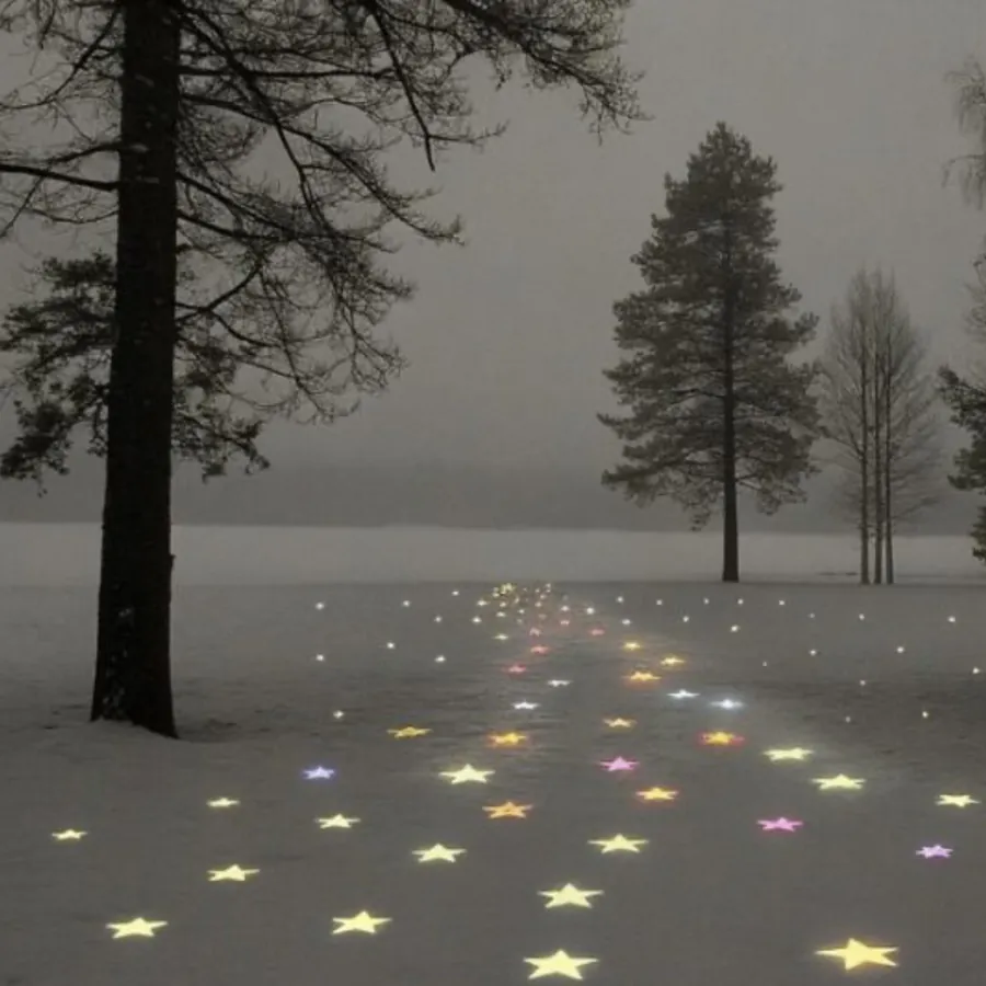 Arbres sous la neige avec étoiles au sol